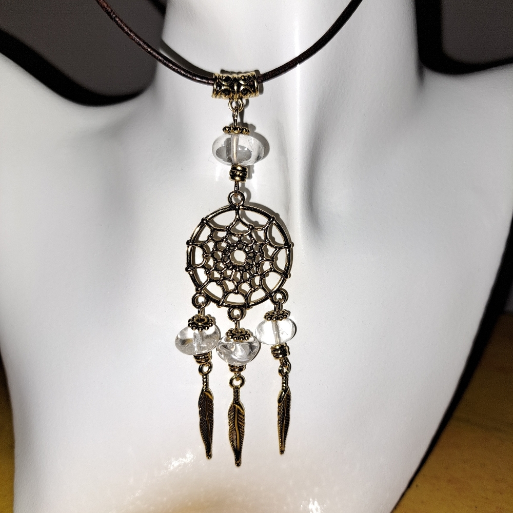 Crystal Quartz Dreamcatcher Pendant & 14K Wire Earrings, Real Leather Cord